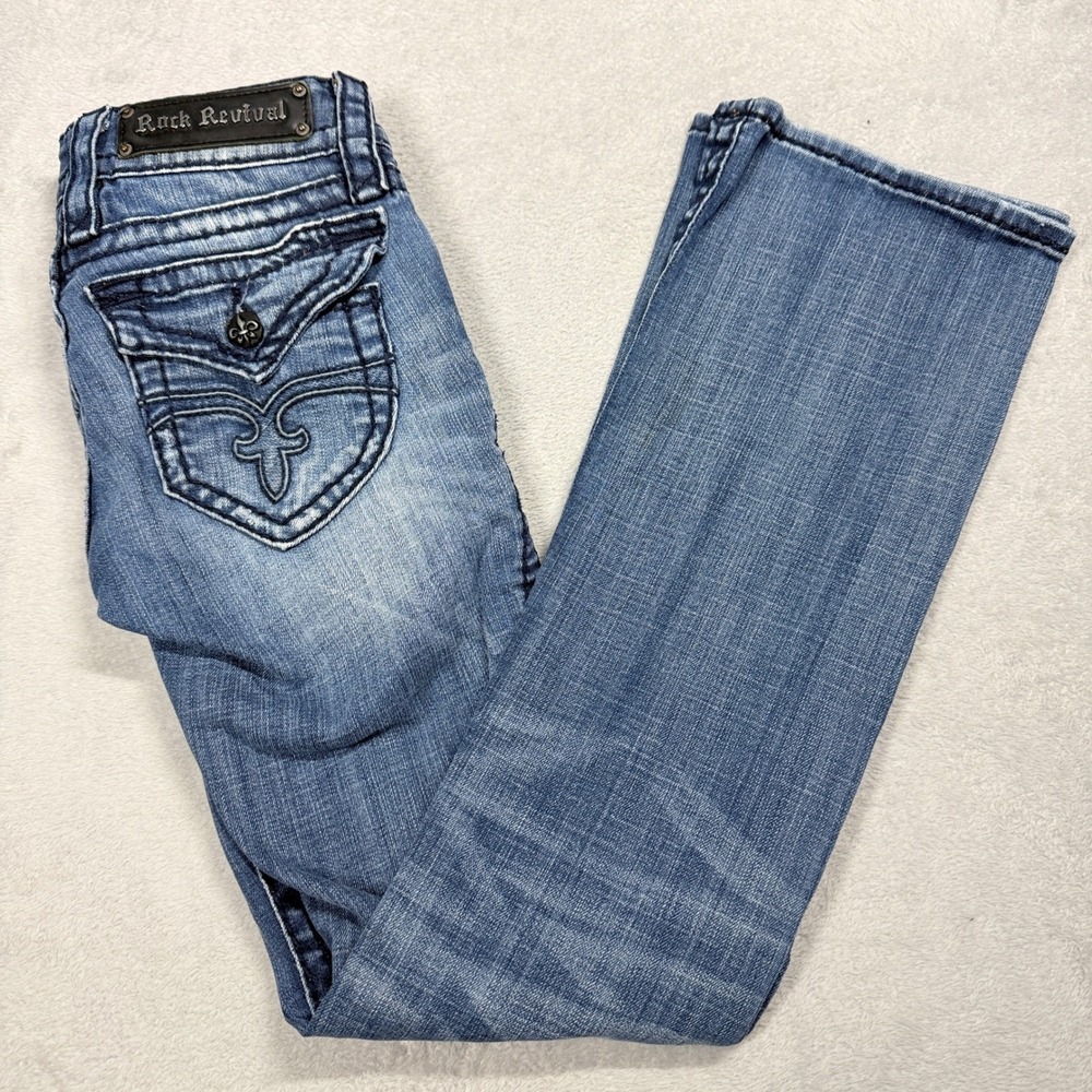 Rock Revival Eva Bootcut Jeans‎ Womens 25 Blue Denim Embroidered Flap Pocket Y2K